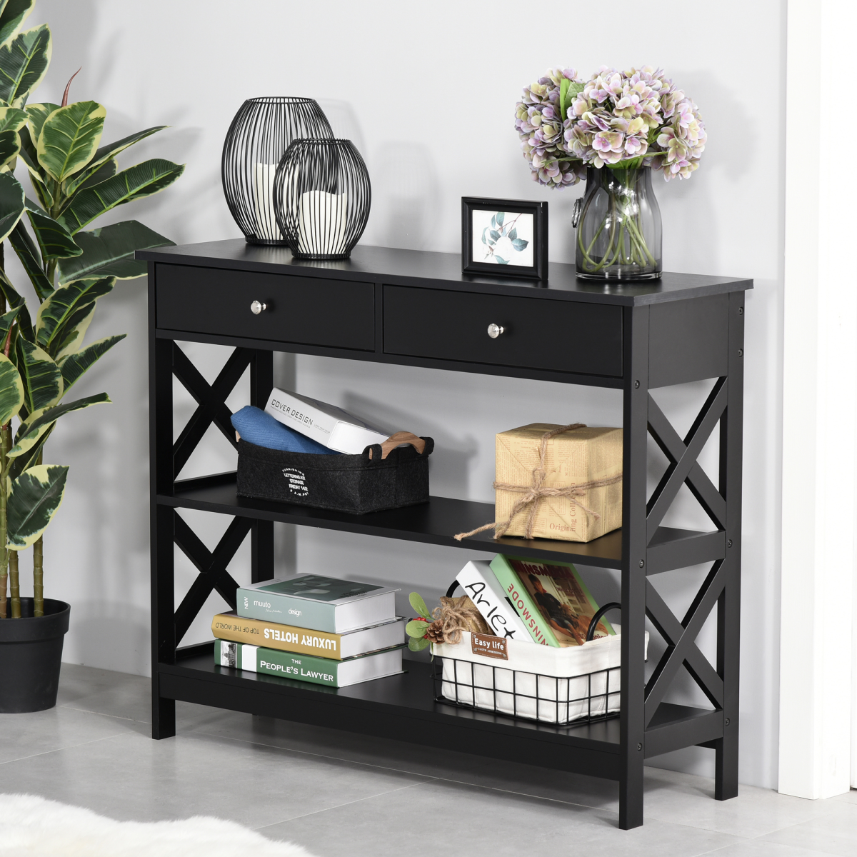 Console Table with Open Shelf & 2 Storage Drawers – Hallway and Office Storage Table, Black