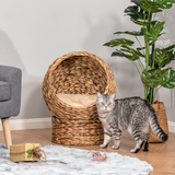 PawHut Wicker Cat House with Raised Cylindrical Base and Removable Cushion – Water Hyacinth Cat Bed