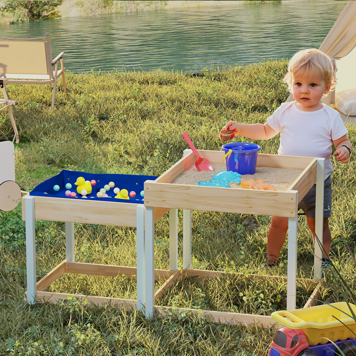 AIYAPLAY 2-Piece Wooden Sandpit and Water Play Table Set with Bottom Liner – Kids Outdoor Play, Natural Wood