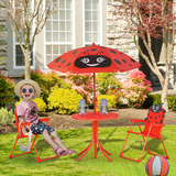 Kids Folding Picnic Table and Chair Set with Parasol – Four-Piece Outdoor Garden Set, Ladybird Design