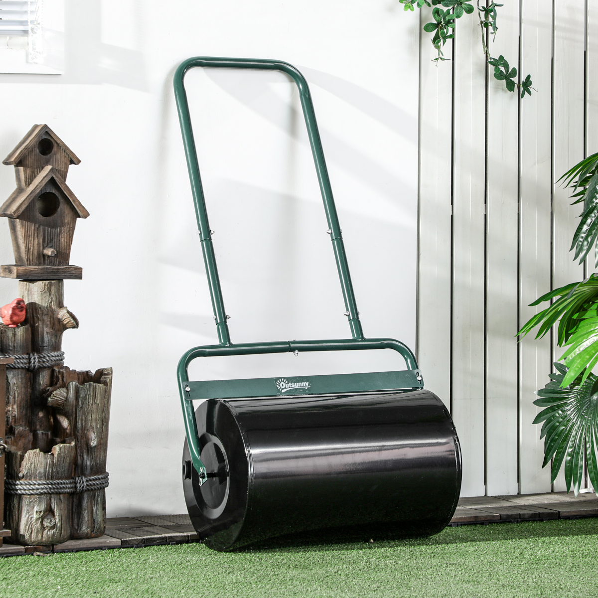 Outsunny 38L Garden Push Roller with U-Shaped Handle, Sand or Water Filled – Steel Lawn Roller, Dark Green