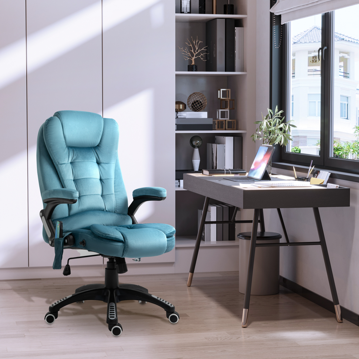 Executive Reclining Office Chair with Heated Massage & Padded Headrest – Swivel Base, Blue