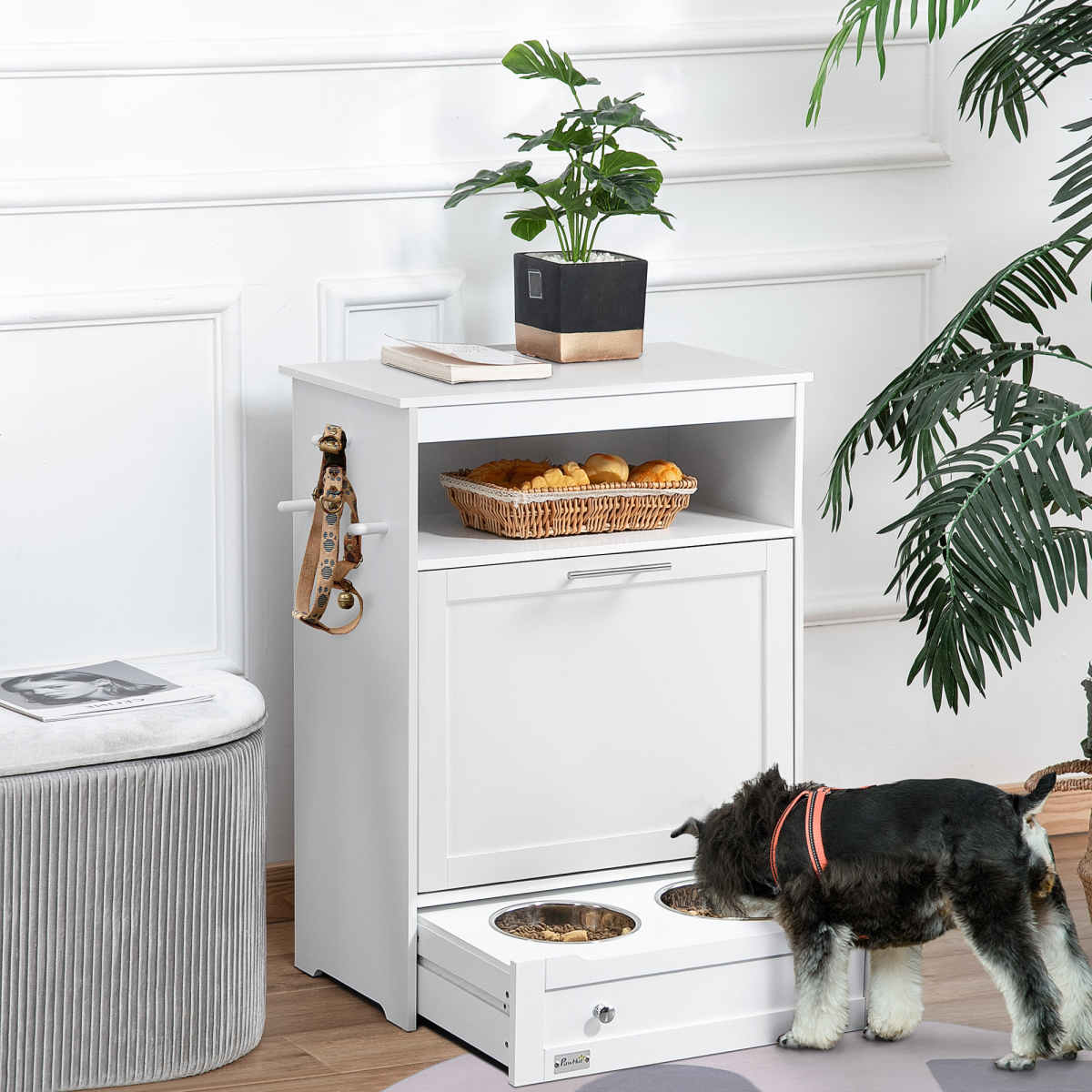 PawHut Pet Feeder Station with Two Removable Bowls & Storage Cabinet – Dog and Cat Feeding Table, White