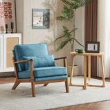 Mid-Century Oak Accent Chair with Navy Blue Linen-Cotton Upholstery and Lumbar Pillow – Indoor Armchair