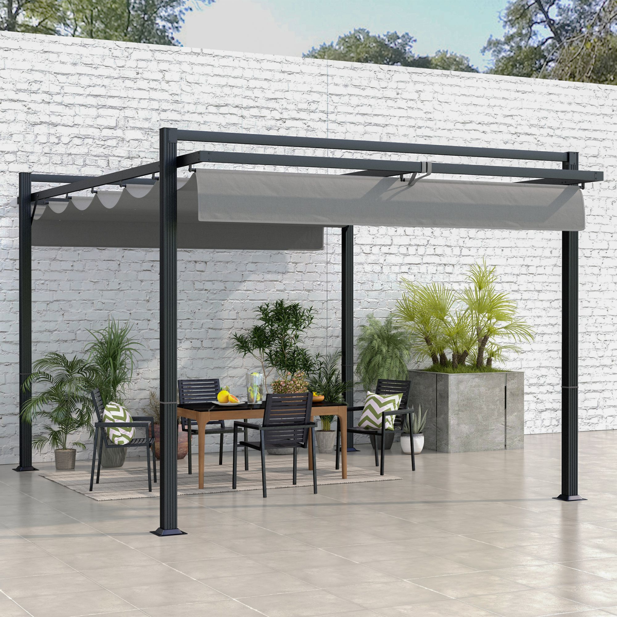 Outsunny 3x4m Aluminium Pergola with Retractable Polyester Canopy – Rust-Resistant Garden Shelter, Dark Grey