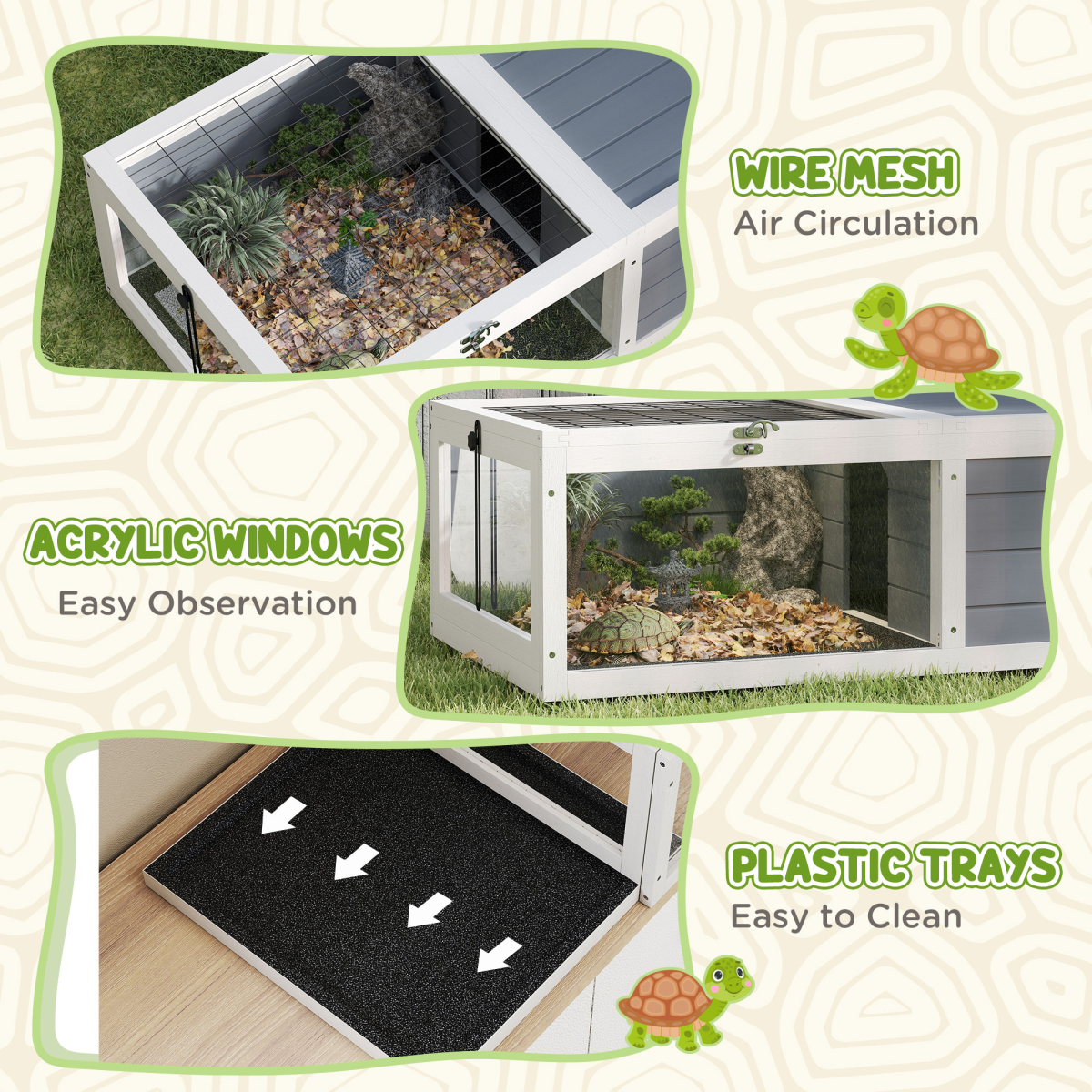 Wooden Tortoise House with Run, Adjustable Lamp Holder, Hide Box & Double Trays – Grey & White