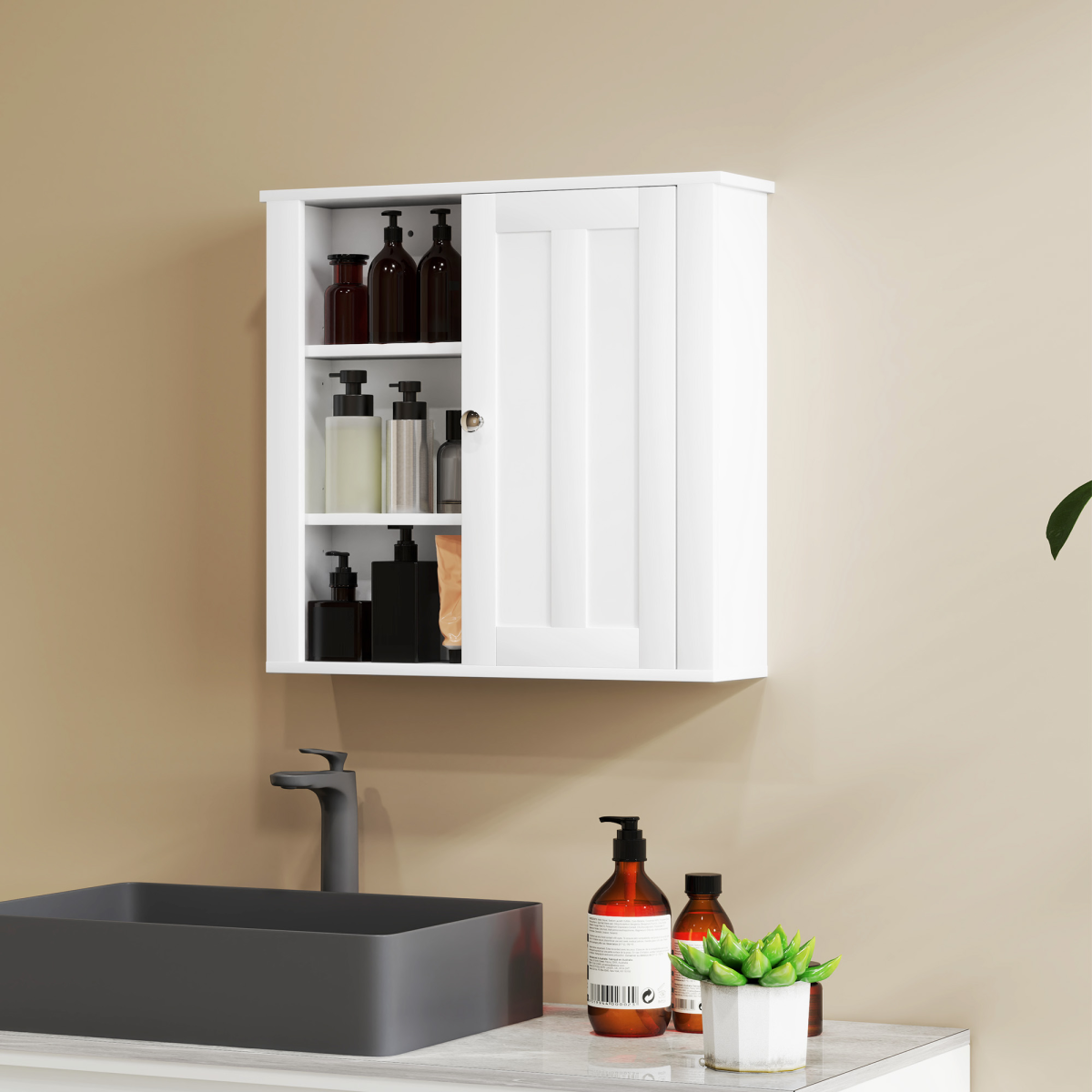 HOMCOM Modern Wall-Mounted Bathroom Cabinet with Adjustable Shelves and Open Side Storage – Space-Saving, White