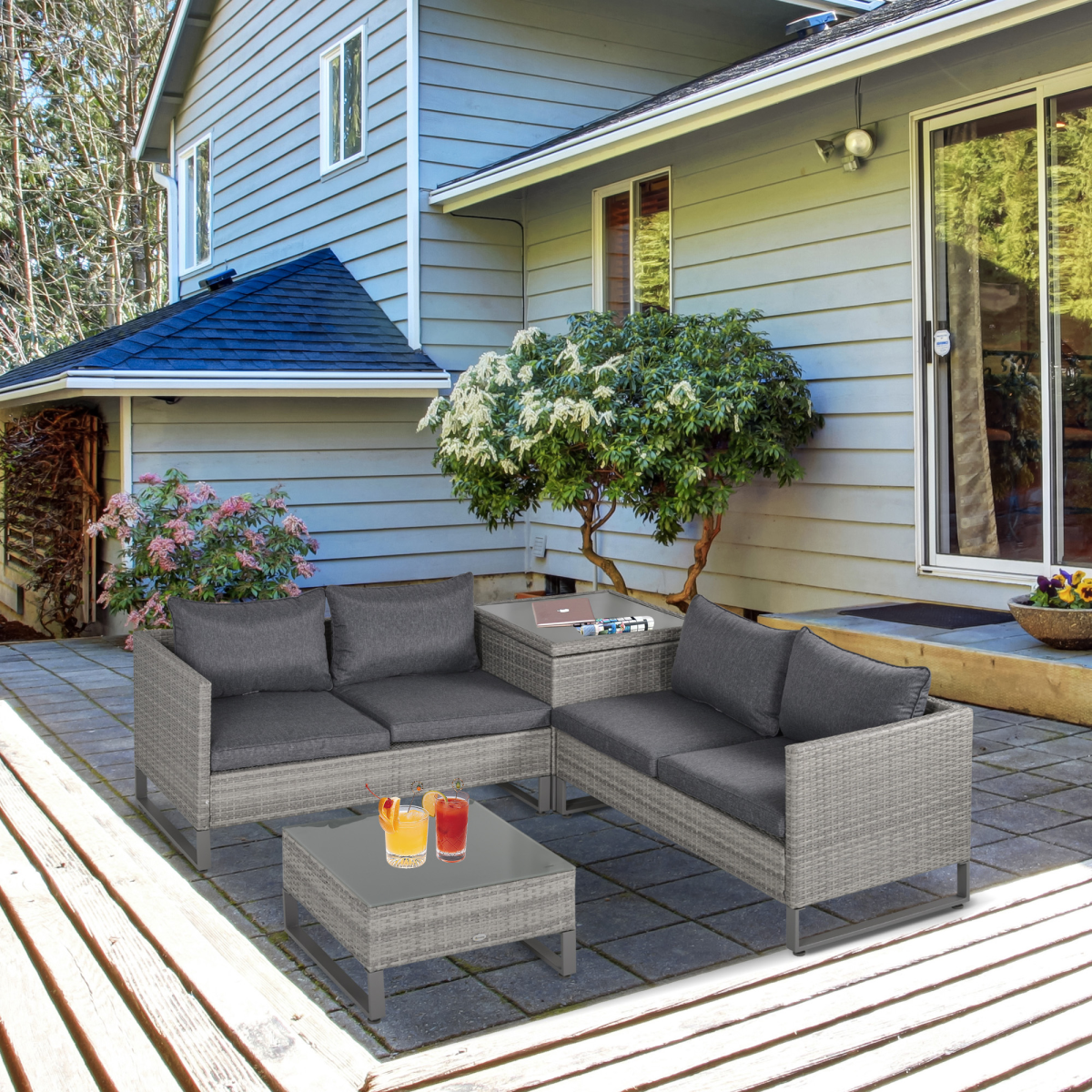 Outsunny Rattan Conservatory Sofa Set corner storage table detail