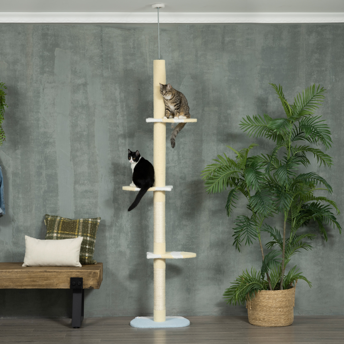 260cm Adjustable Floor-to-Ceiling Cat Tree with Jute Scratching Post and Plush Perches – Tall Cat Tower, Yellow