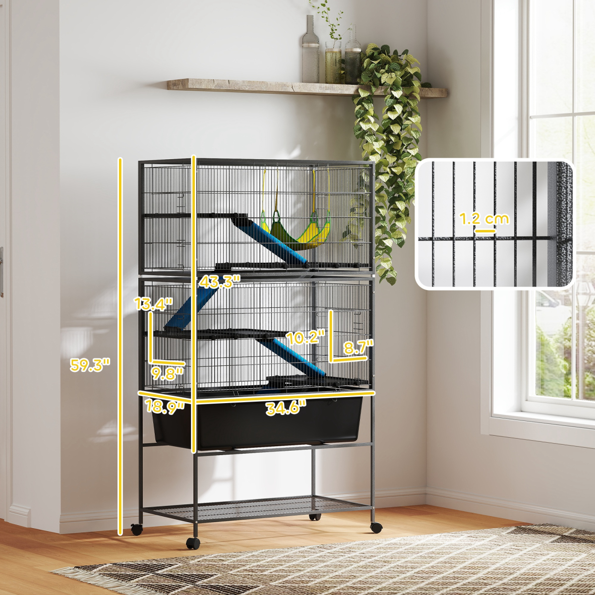 5-Tier Small Animal Cage on Wheels with Hammock, Ramps & Storage Shelf – Chinchilla Cage, Dark Grey