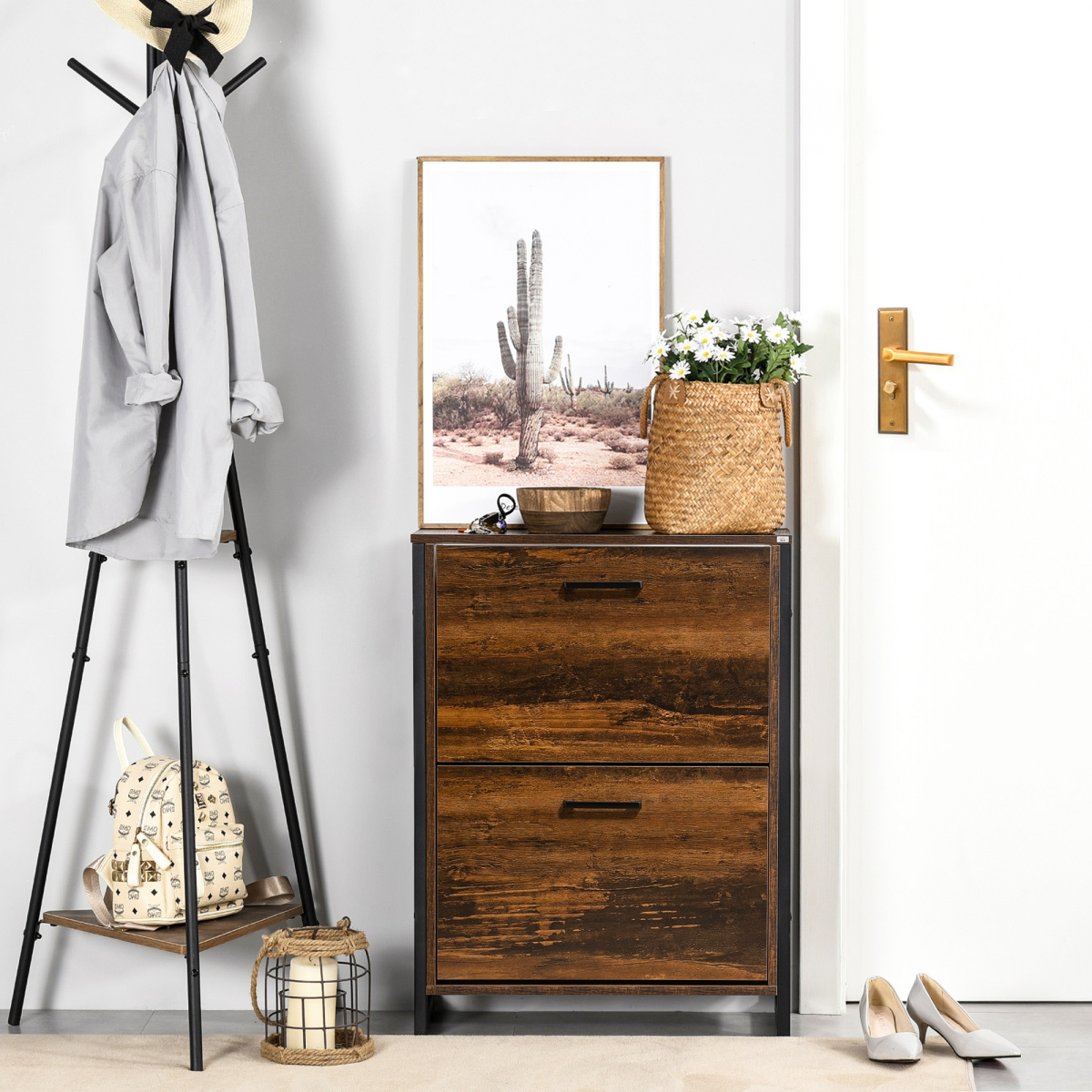 HOMCOM 2 Flip Door Shoe Cabinet with Internal Dividers – Slim Hallway Shoe Storage, Rustic Brown