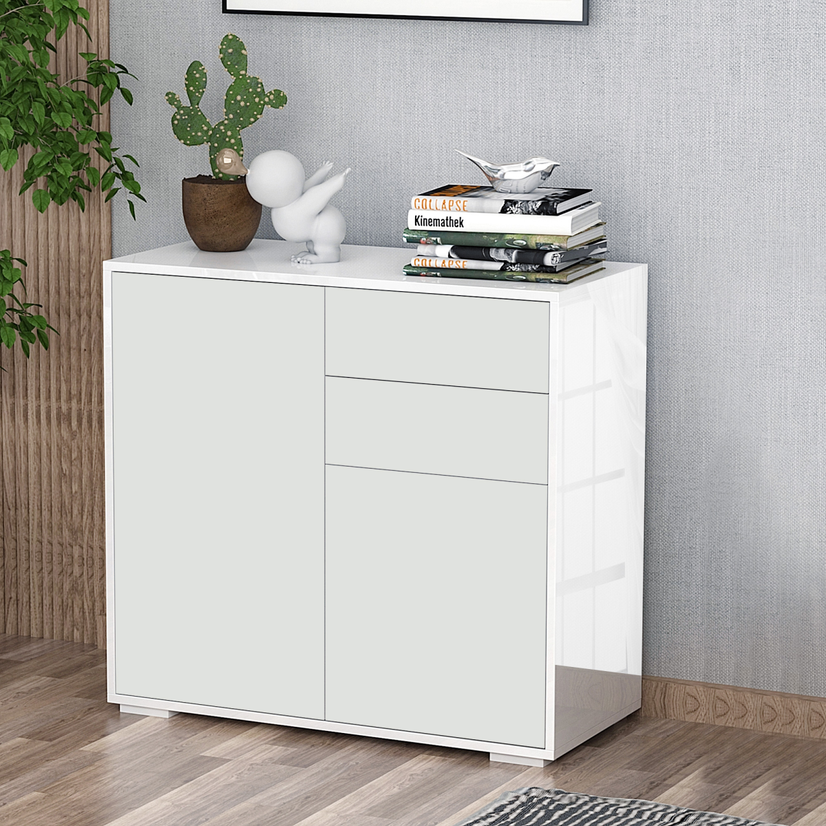 Gloss & Matte Side Cabinet with 2 Doors & 2 Drawers – Home Office Storage, White