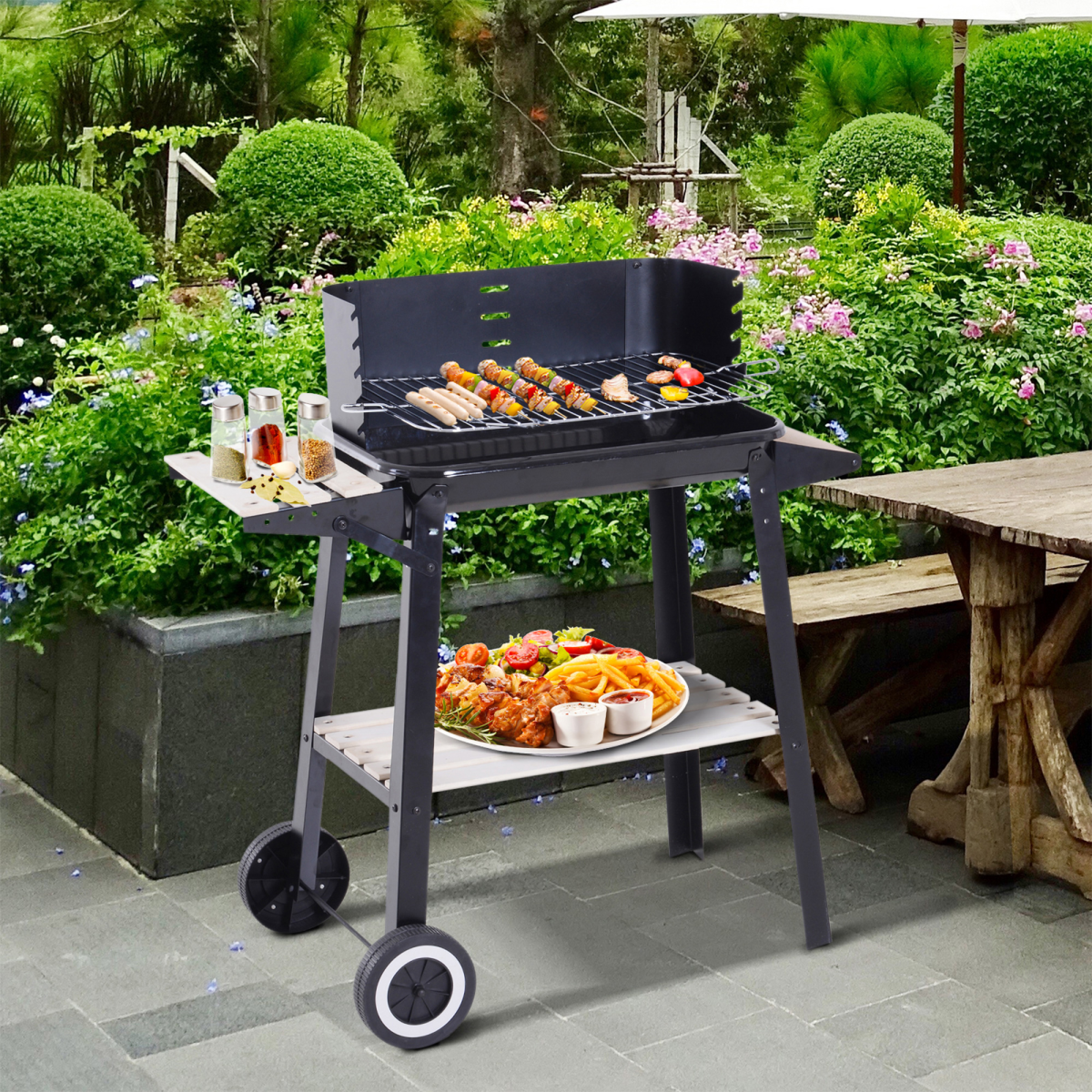 Outsunny Charcoal BBQ Grill with Side Shelf, Wind Shield & Wheels – Enamel Coated, 87 x 45 x 83cm, Black