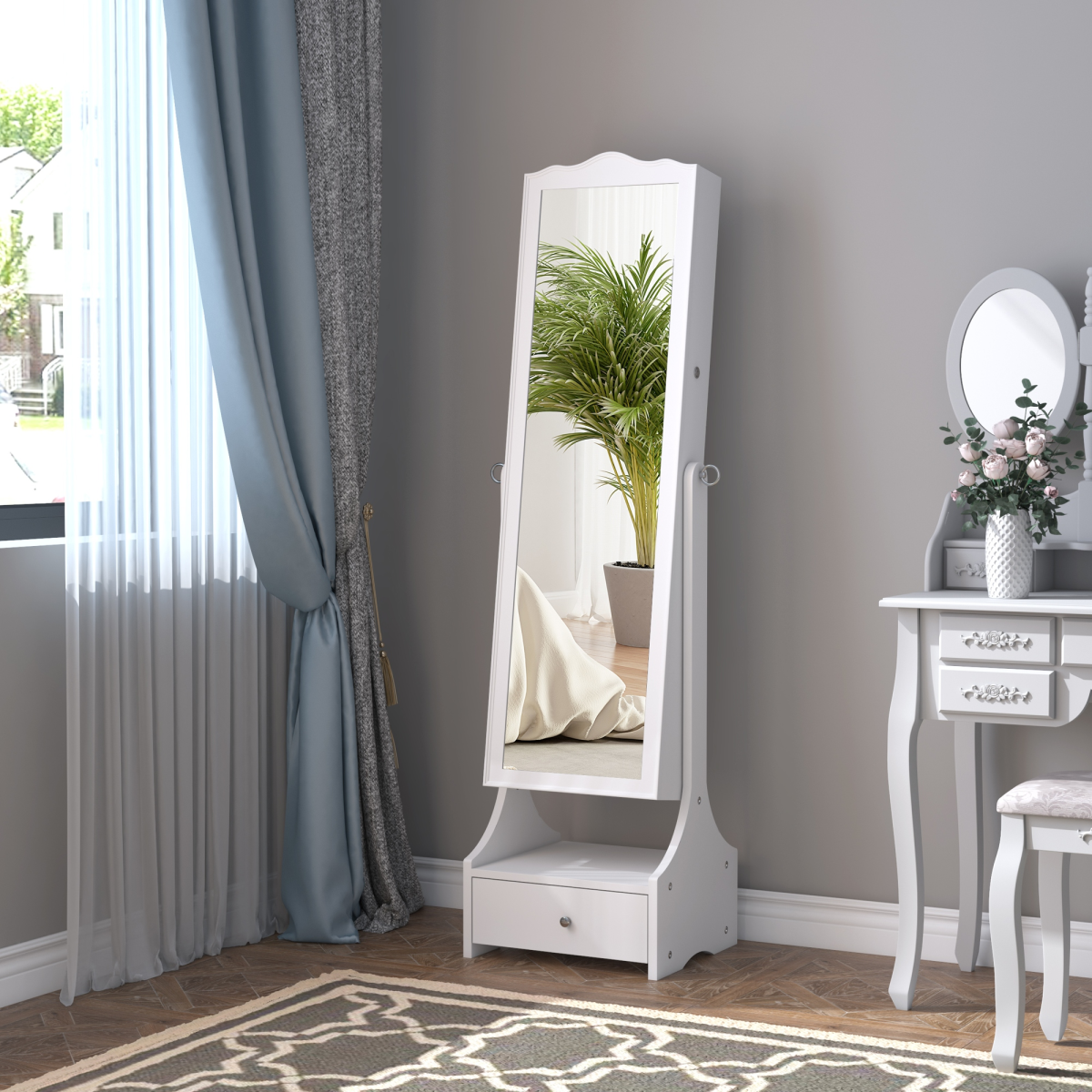 Floor-Standing Mirrored Jewellery Armoire with Lock & LED Light – Full-Length Mirror Cabinet, White