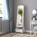 Floor-Standing Mirrored Jewellery Armoire with Lock & LED Light – Full-Length Mirror Cabinet, White