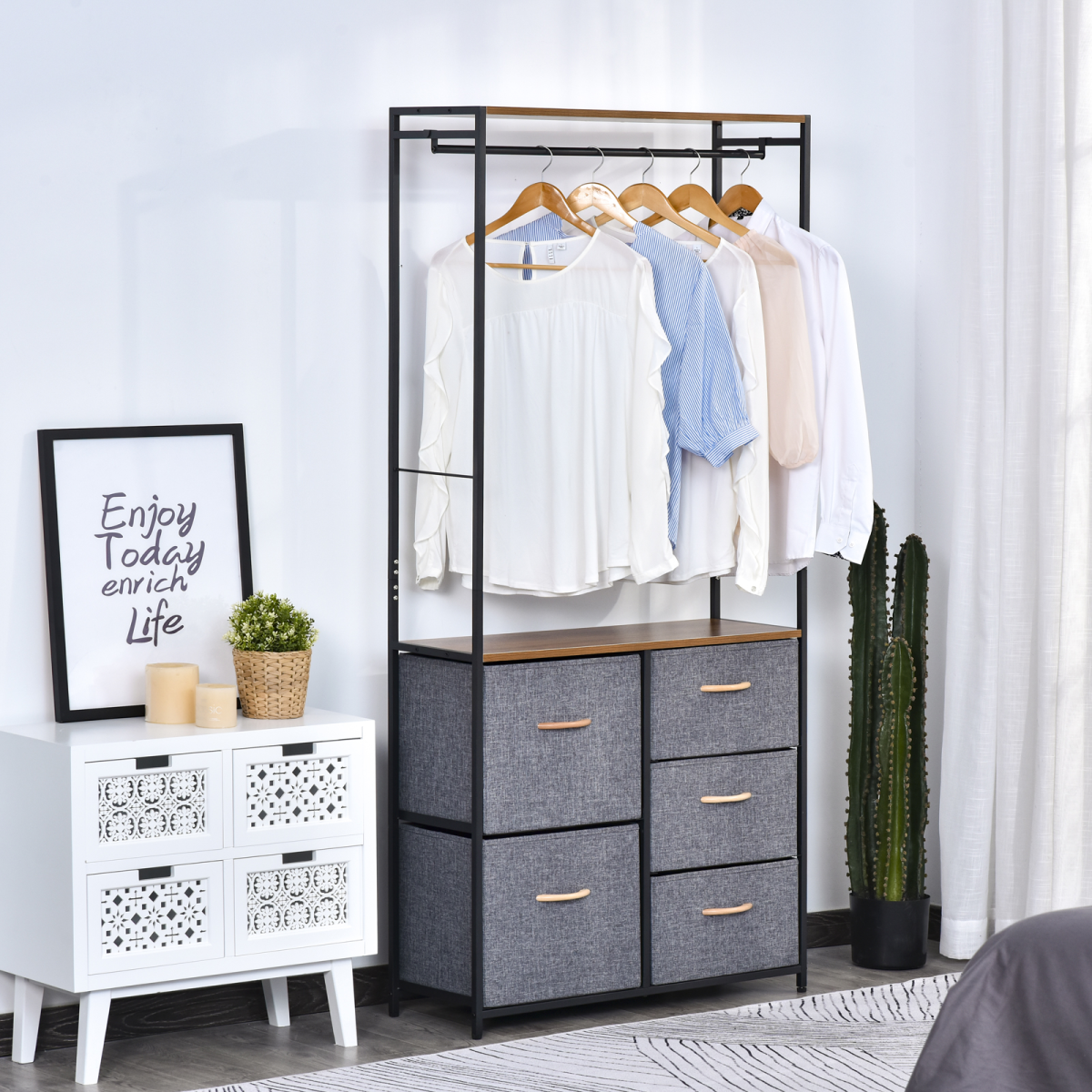 HOMCOM 175 x 83cm Freestanding Coat Rack with Steel Frame, Hanging Rail and Drawers – Black/Brown