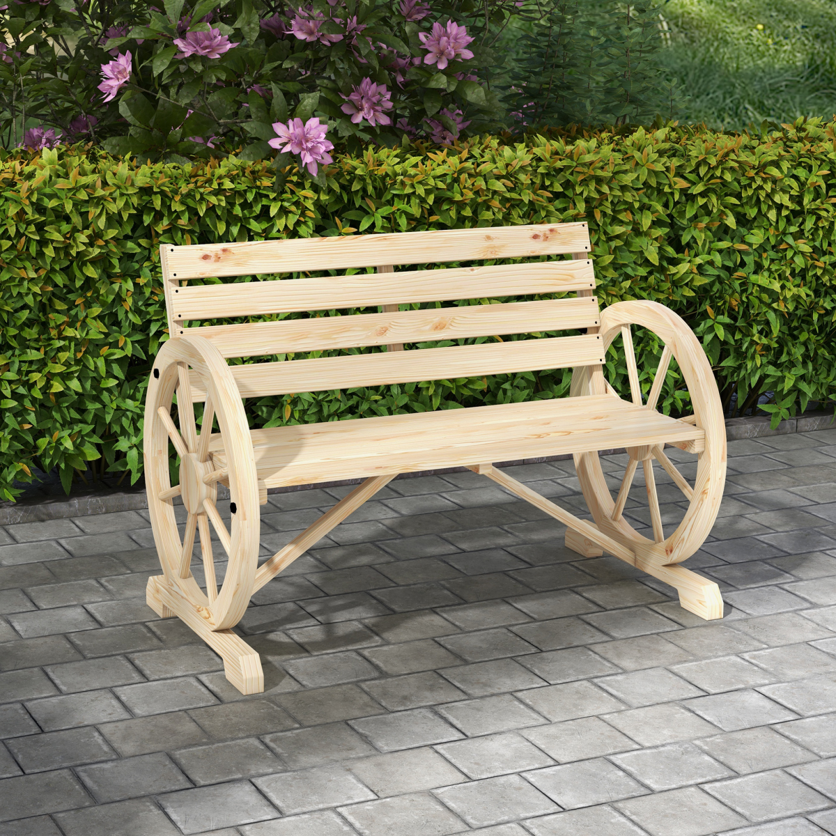Outsunny 2-Seater Solid Fir Wood Garden Bench with Wagon Wheel Armrests and High Back – Outdoor Loveseat, Natural