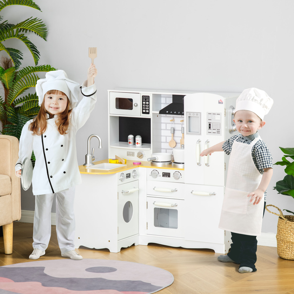 HOMCOM Large Kids Kitchen Playset with Fridge, Microwave and Sink – Role Play Toy Kitchen, White
