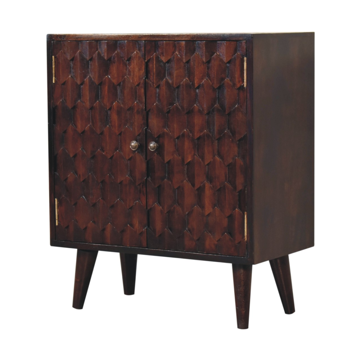Artisan Furniture Mini Pineapple Carved Walnut Cabinet – Solid Mango Wood, 2 Doors, Nordic Feet, Brown