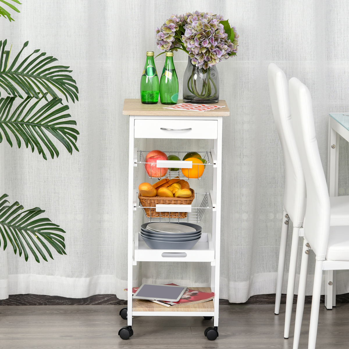 HOMCOM 5-Tier Kitchen Storage Trolley with Drawer, Wire Baskets & Pull-Out Tray – White