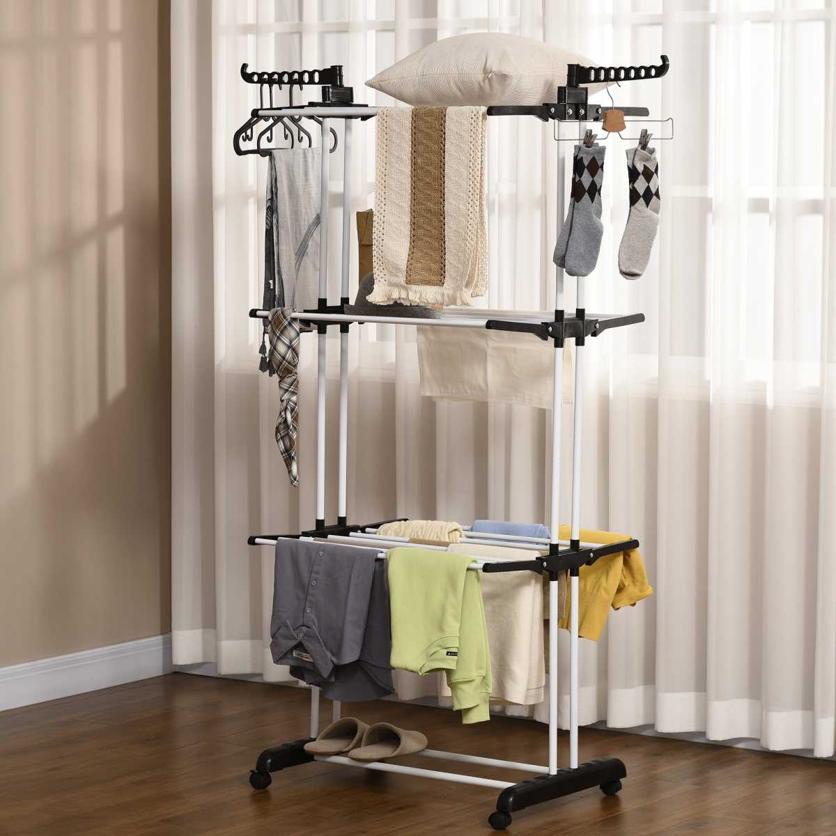 HOMCOM Foldable 3-Tier Clothes Drying Rack with Wheels and Brakes – Steel Garment Airer, Black