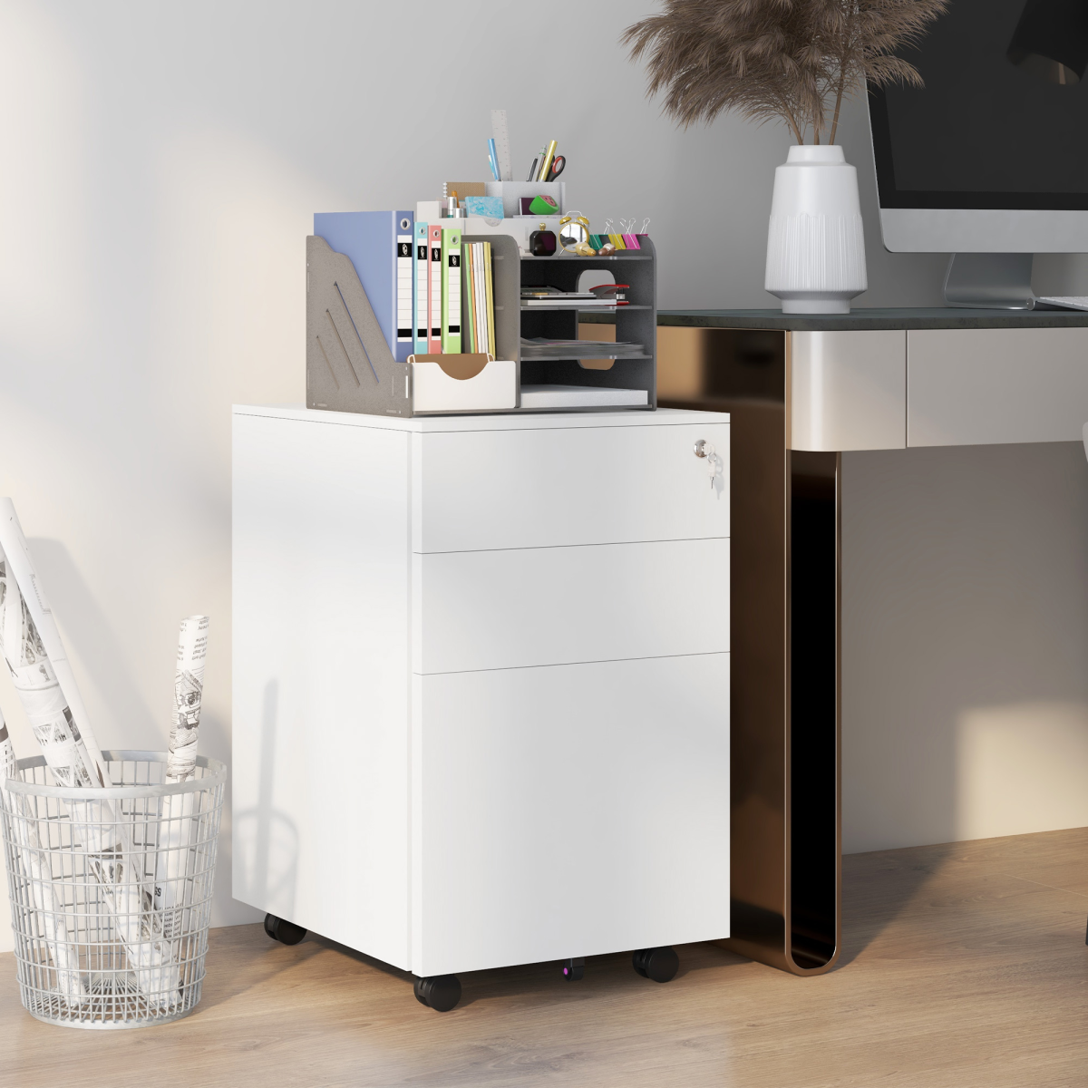 Vinsetto 3 Drawer Lockable Steel File Cabinet with Hanging Bar – Home Office Filing Storage, White