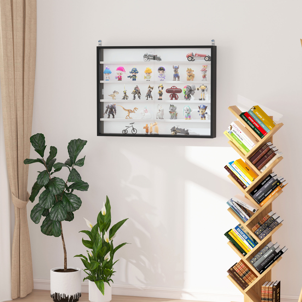 HOMCOM 5-Tier Wall Display Cabinet with Glass Doors & Adjustable Shelves – Collectibles Storage, Black/White