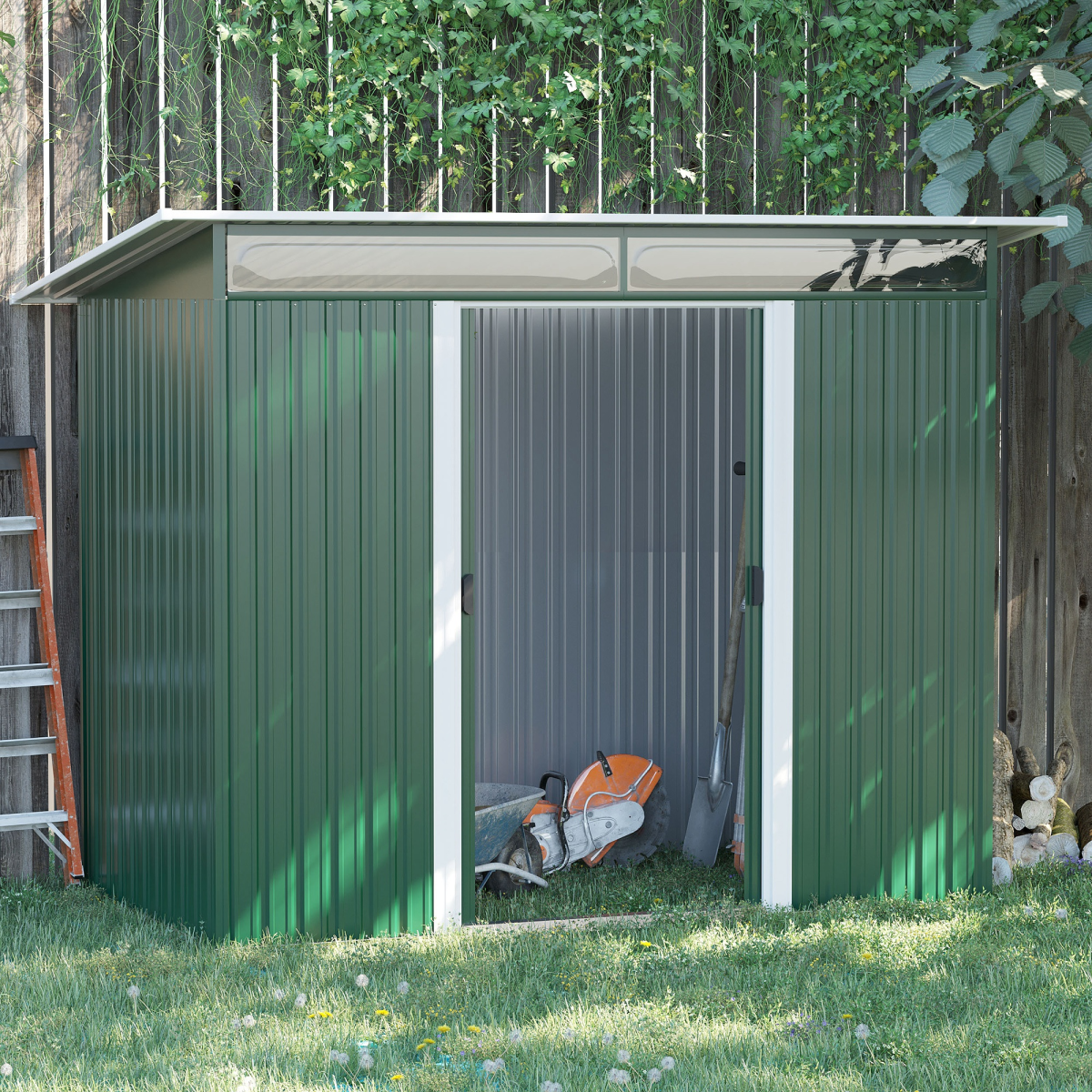 Outsunny Pent Roof Metal Garden Shed with Foundation & Sliding Door, 260 x 133 x 200cm – Green
