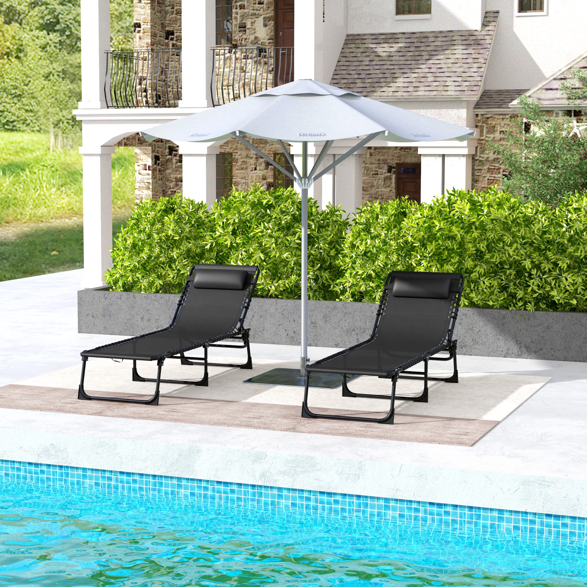 Outsunny Set of 2 Folding Beach Lounge Chairs with 4-Position Recline & Padded Headrest – Steel Frame, Black