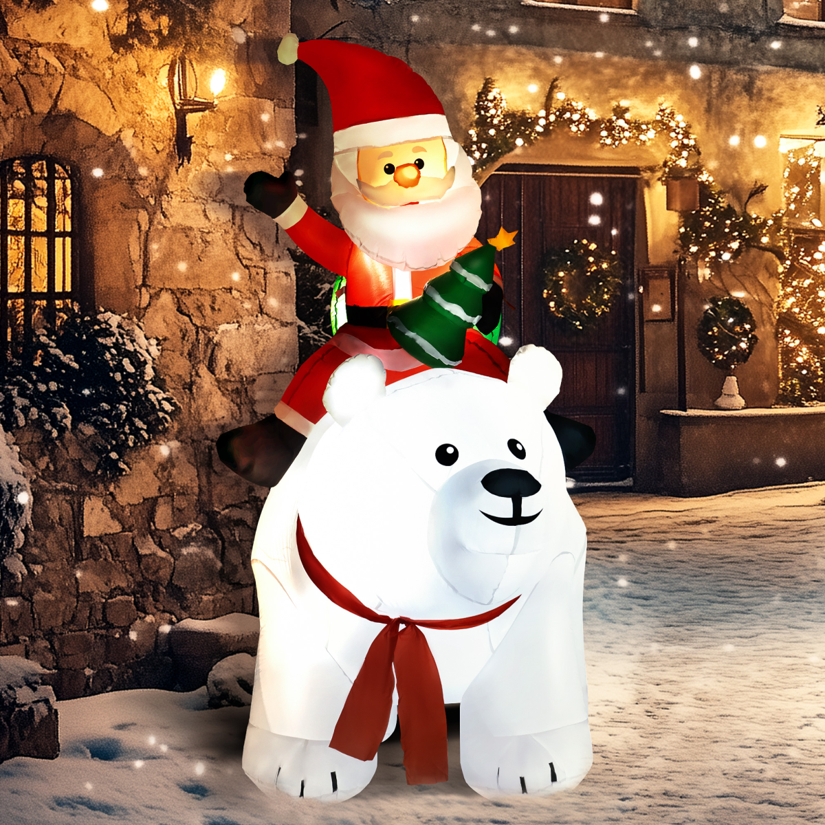 Outsunny 6.6ft Christmas Inflatable Santa Claus on Polar Bear with LED Lights – Outdoor Decoration, White