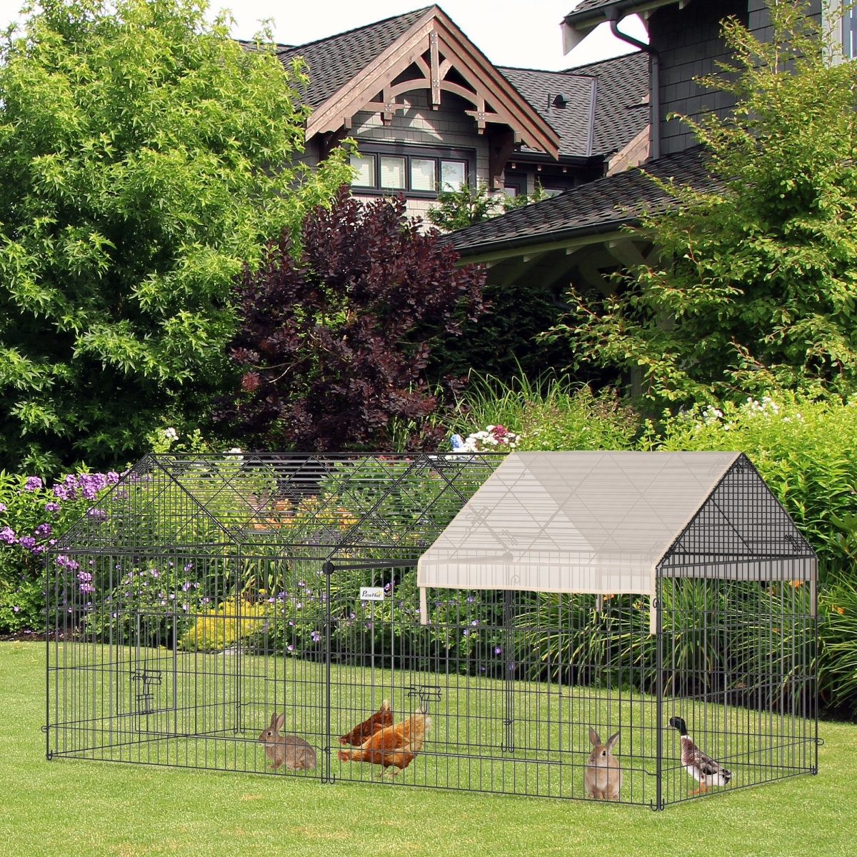 PawHut Outdoor Pet Shelter with Weather Cover, Two Doors & Ground Stakes – Portable Pet Cage
