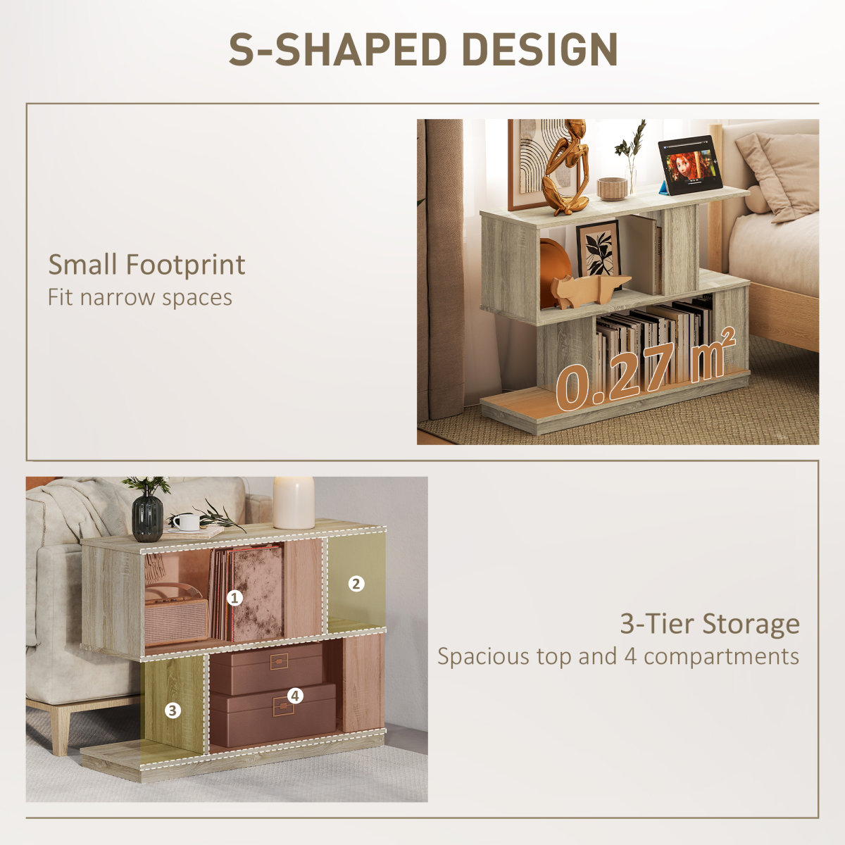 Rattan-Effect 3-Tier S-Shape Side & Coffee Table – Narrow Display Stand for Small Spaces
