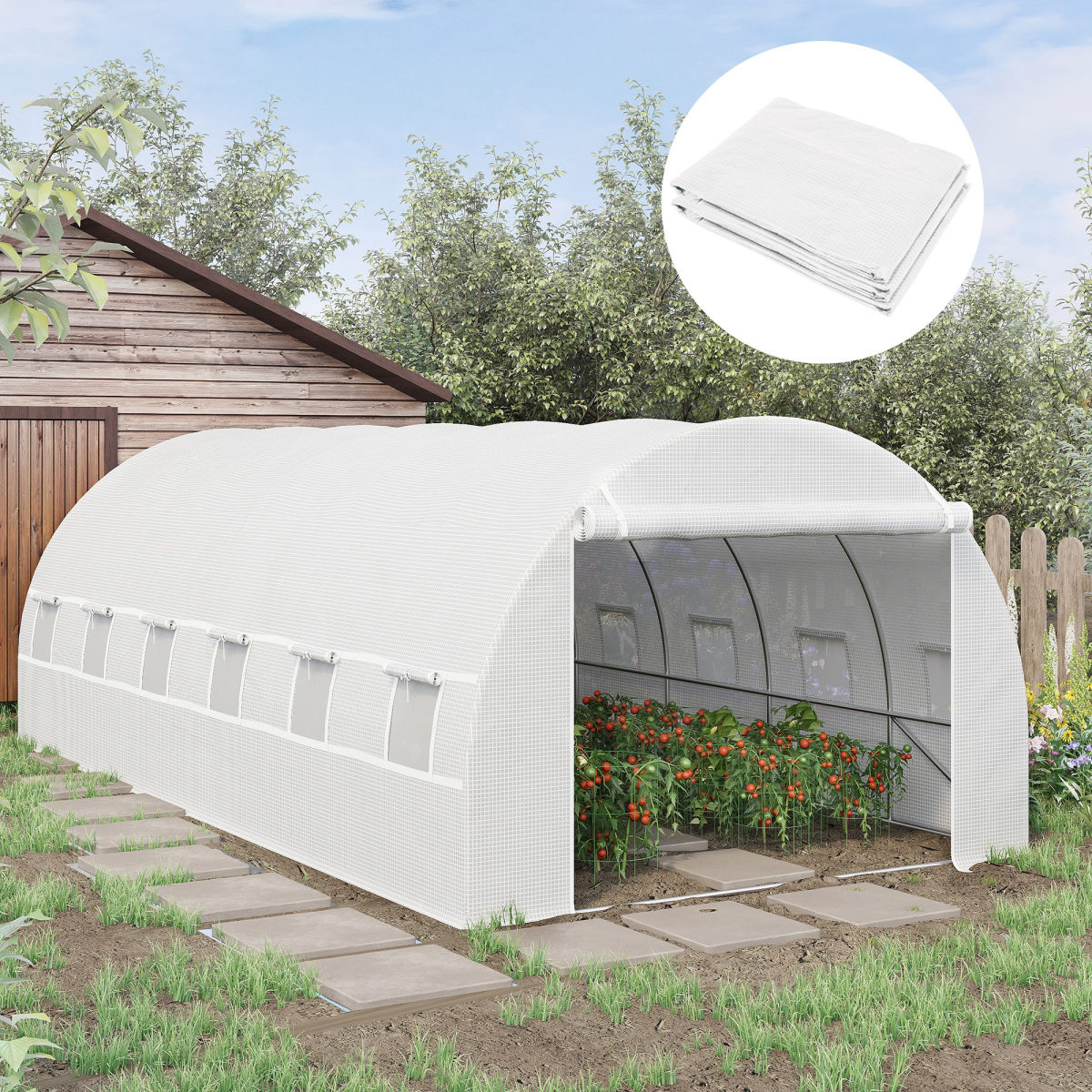 Outsunny 6 x 3 x 2m Replacement Cover for Tunnel Greenhouse – Zipped Roll-Up Door and 12 Windows, White