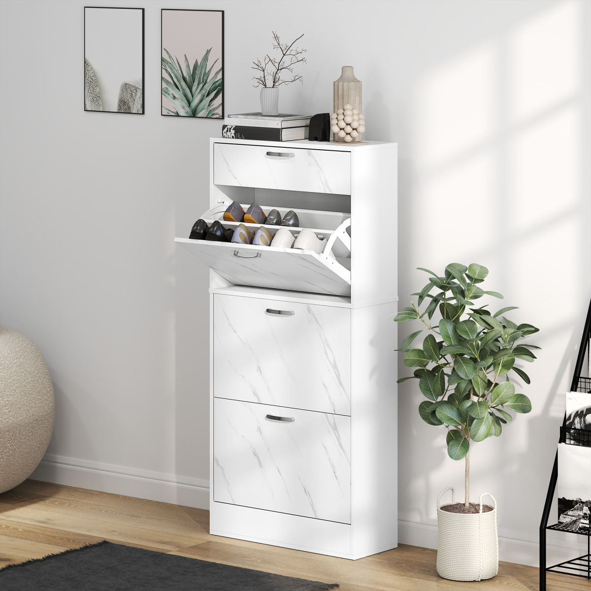 HOMCOM Shoe Cabinet with 4 Drawers for 18 Pairs, Adjustable Shelf & Anti-Tipping Straps – Black