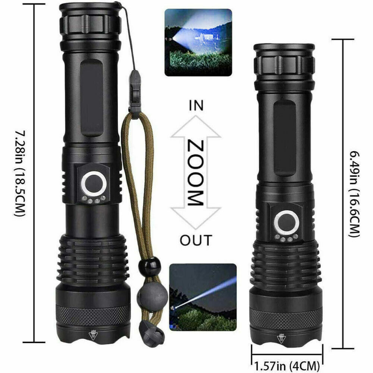 USB Rechargeable LED Flashlight with 5 Lighting Modes and Zoom – Camping and Hiking Torch, Black
