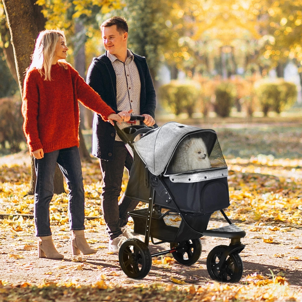 Folding 3-Wheel Pet Stroller with Adjustable Canopy, Storage Basket and Brake – For Small Dogs up to 10kg, Grey
