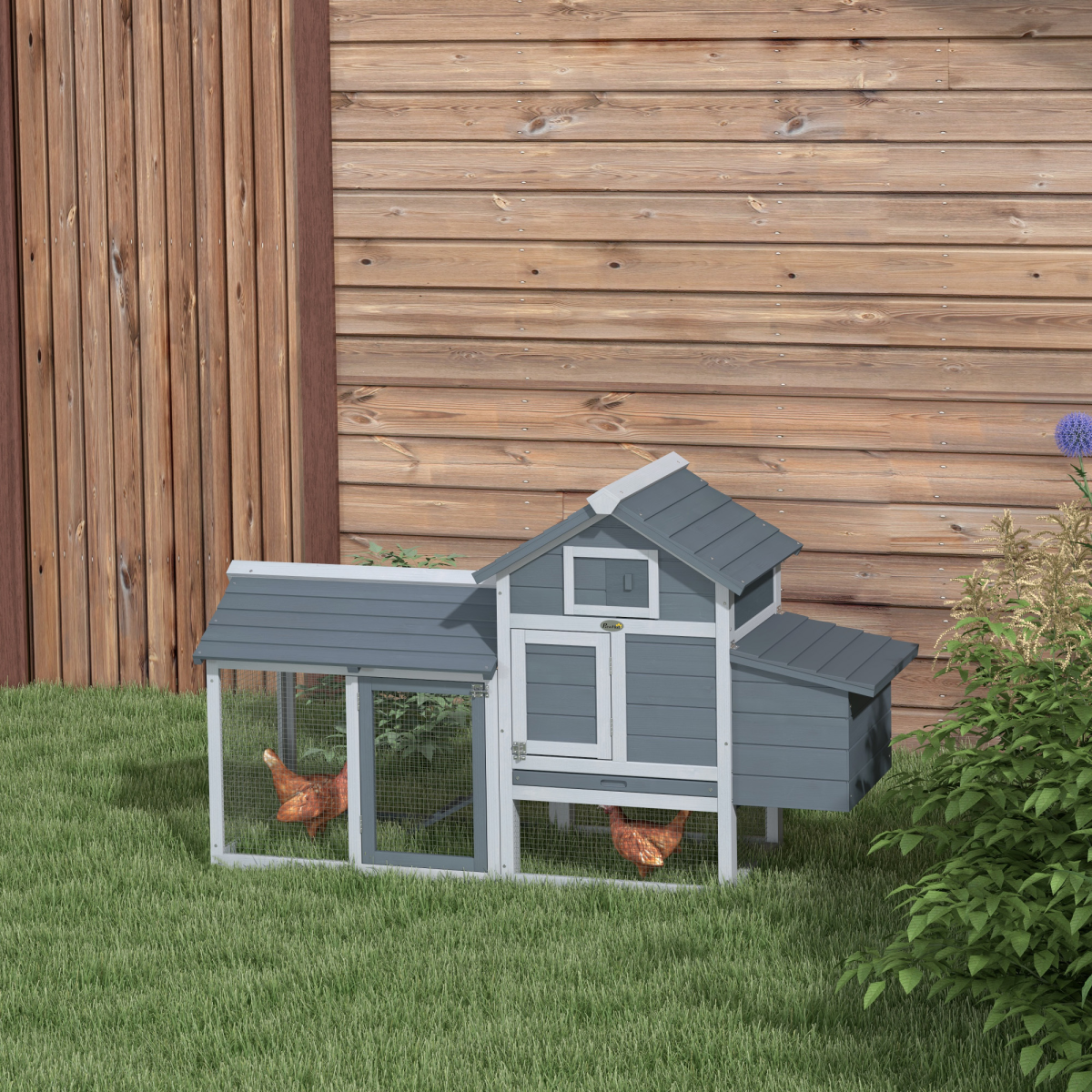 PawHut Small Chicken Coop with Nesting Box, Outdoor Run and Ramp – Fir Wood Hen House, Grey