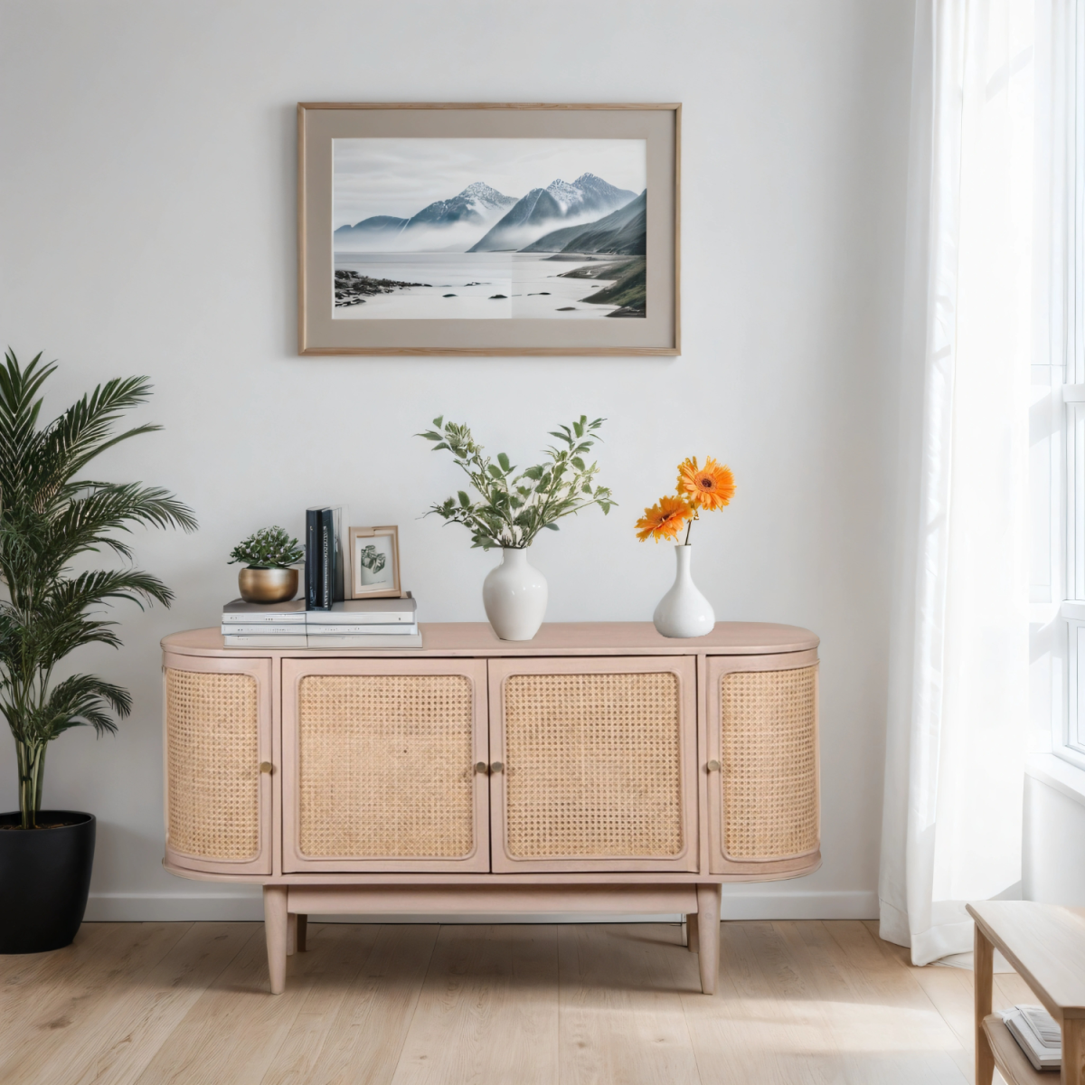 Valencia Cane & Mango Wood 4 Door Sideboard – Hand-Crafted Natural Storage Cabinet