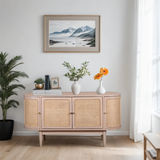 Valencia Cane & Mango Wood 4 Door Sideboard – Hand-Crafted Natural Storage Cabinet