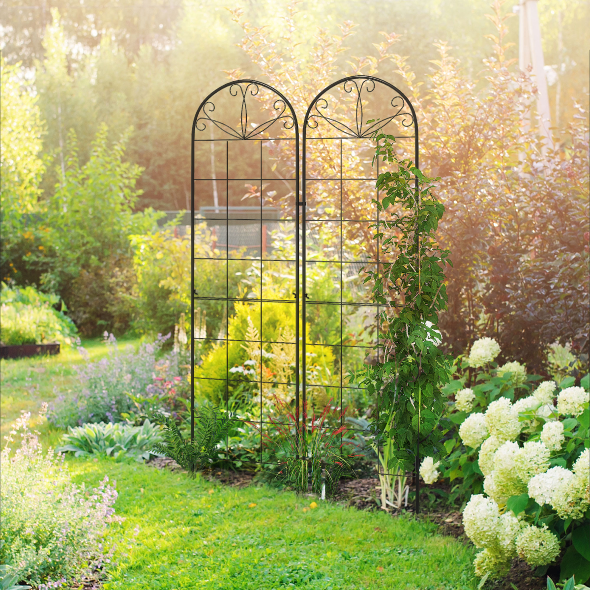Outsunny Set of 2 Metal Plant Trellises with Ground Spikes – Black Powder-Coated Steel Climbing Grids for Garden
