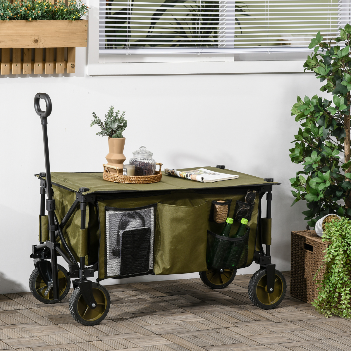Outsunny Folding Garden Trolley with Fabric Bag & Top Cover, 100kg Load – Collapsible Steel Camping Cart
