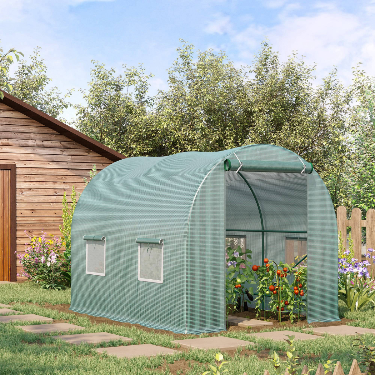 Walk-in Tunnel Greenhouse with Steel Frame, Roll-Up Zipped Door & 4 Mesh Windows – Garden Grow House, Dark Green