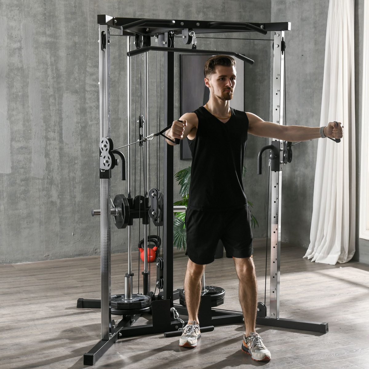 SPORTNOW Home Gym Machine with 15 Adjustable Positions, Dual Pulleys and Pull-Up Station – Workout Station