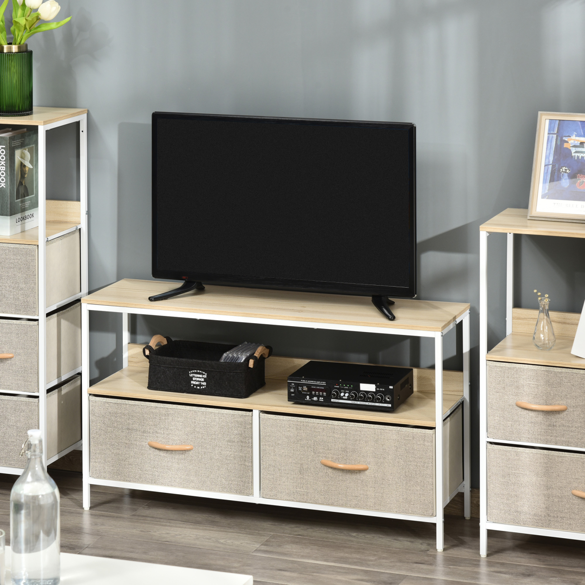 HOMCOM TV Cabinet with 2 Foldable Linen Drawers & Open Shelf – Living Room Media Storage, Maple