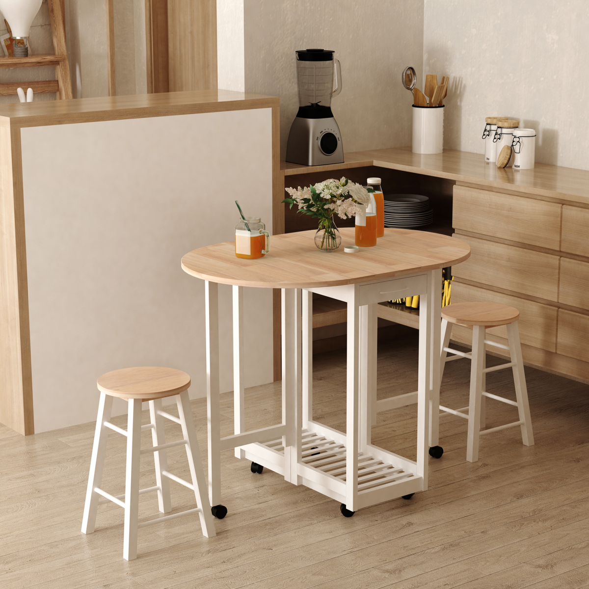 3-Piece Wooden Kitchen Cart with 2 Folding Stools, Drawers & Castor Wheels – Breakfast Bar Set for Small Kitchens