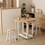3-Piece Wooden Kitchen Cart with 2 Folding Stools, Drawers & Castor Wheels – Breakfast Bar Set for Small Kitchens