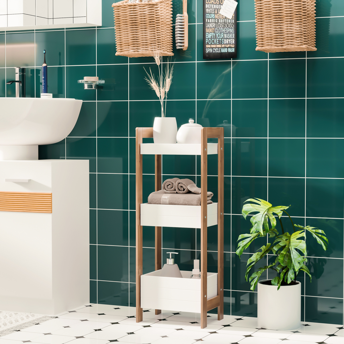 HOMCOM 3-Tier Bamboo Bathroom Shelving Unit – Freestanding Towel & Toiletry Storage, Natural