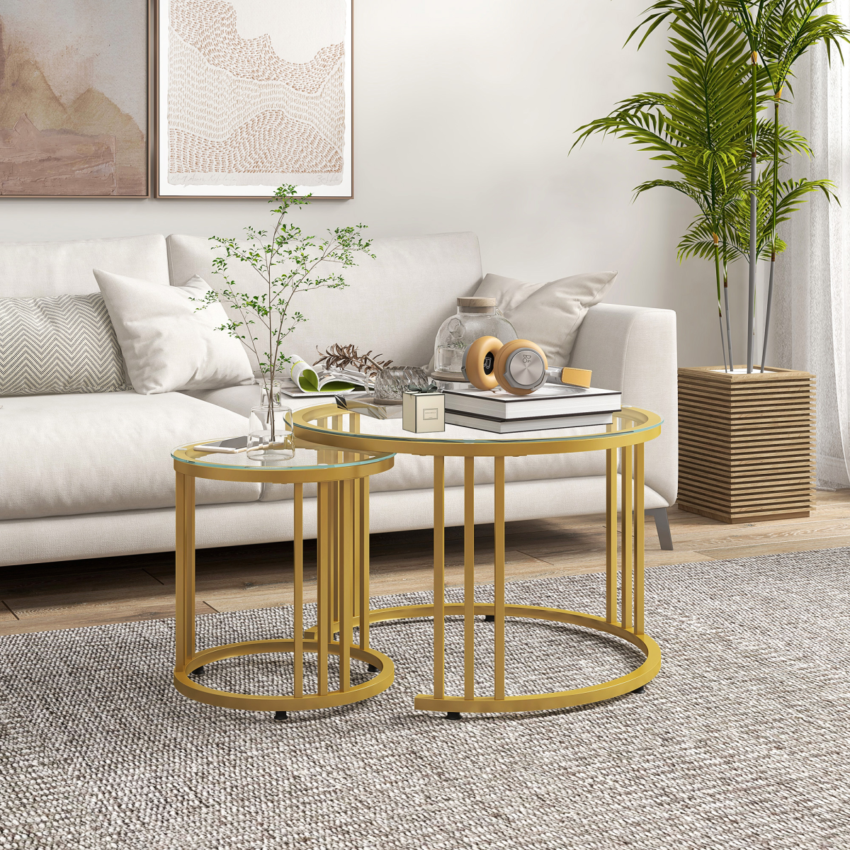 HOMCOM Set of 2 Round Nesting Coffee Tables with Tempered Glass Tops – Space-Saving Gold Tone Side Tables
