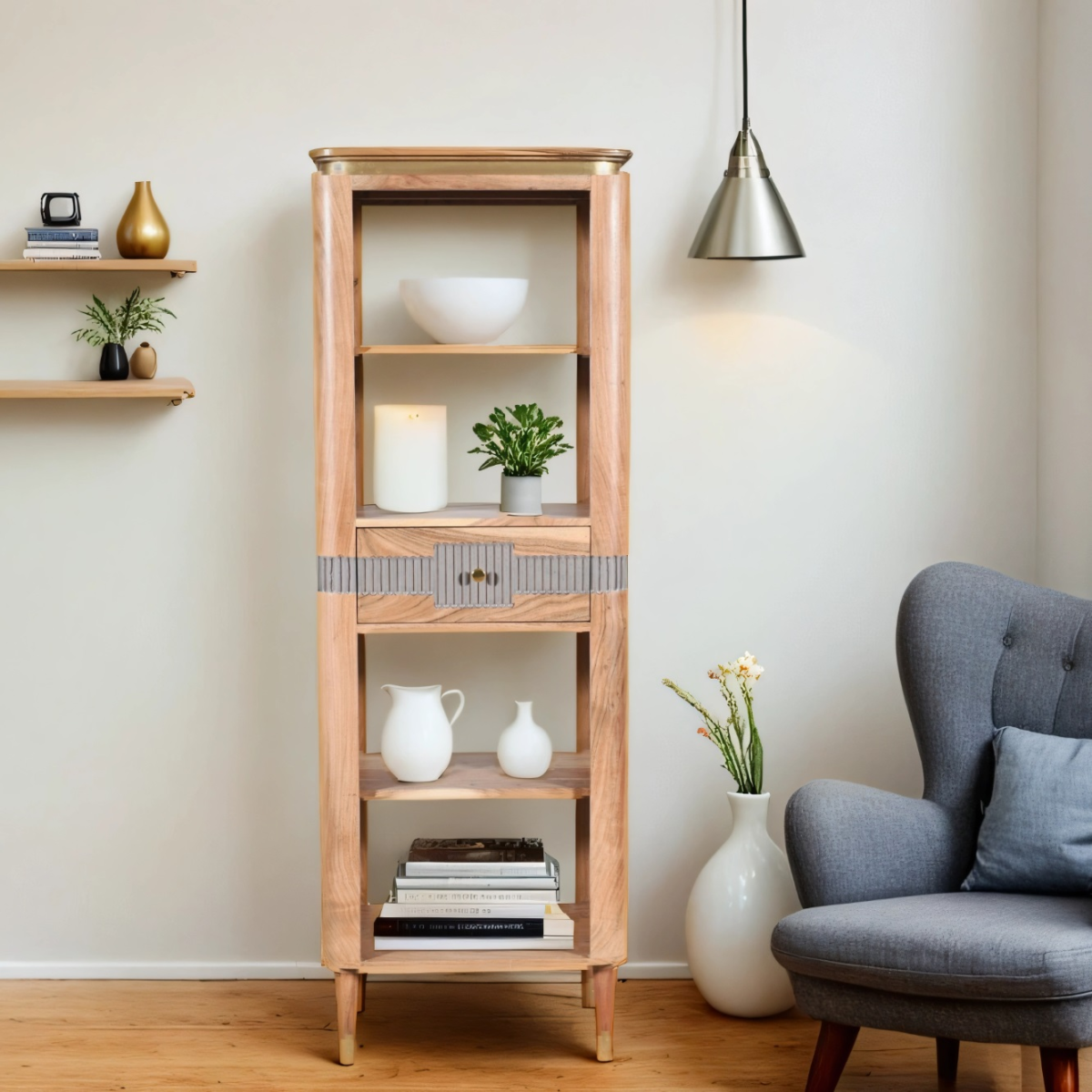 Wilton Acacia Wood Slim Bookcase with 1 Drawer – Hand-Crafted Storage for Alcoves & Hallways