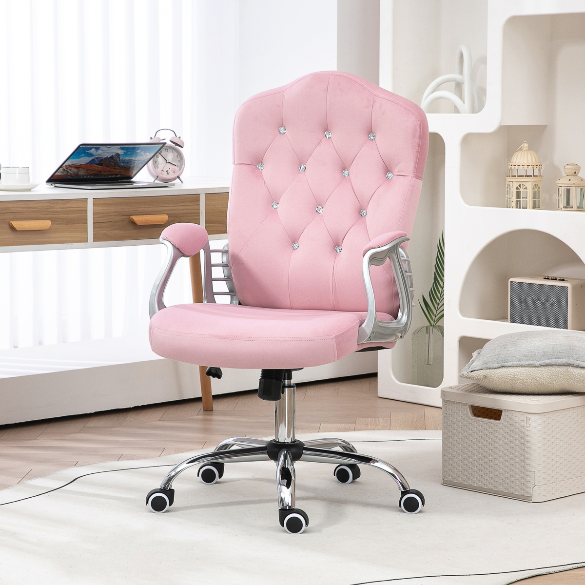Vinsetto Velvet-Feel Office Chair with Diamanté Back & Adjustable Tilt – Pink Desk Chair